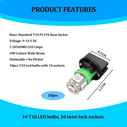 10 bombillas LED T10 para panel de auto, 5 SMD, verde miniatura 2