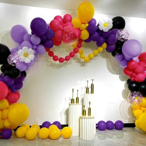 Image of MEBAY Hot Pink Purple Black Yellow Baloon Garland Arch Kit, 146Pcs Latex Balloons Different Sizes 18 12 10 5 inch for Birthday Wedding Graduation Engagement Party Decorations