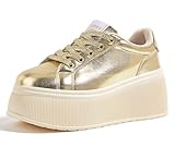 LUCKY STEP Women's Platform Fashion Sneakers Classic Wedge Canvas Casual Low Top Retro Walking Shoes(Gold,7 B(M) US)