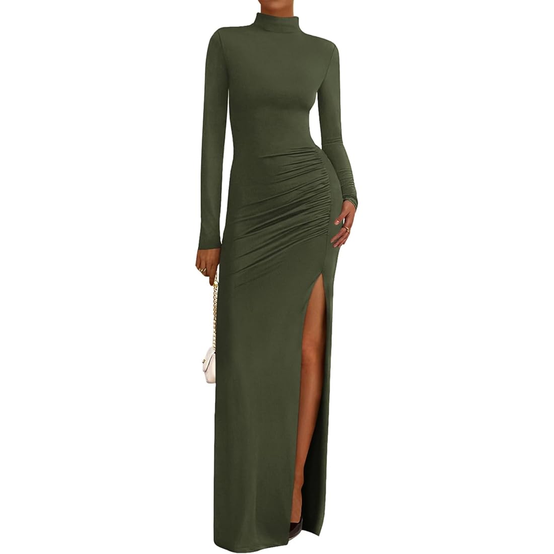 Gkaopi Women Sexy Maxi Dress Ruched Long Sleeve High Split Bodycon Dress Casual Half High Neck Stretchy Long Pencil Dresses Elegant Tight Wrap Dresses for Party Going Out Prom Clubbing Gowns Green