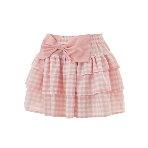 Women Y2k Plaid Pleated Mini Skirt Bow Ruffle Sweet Layered Short Skirt Gingham Short Lolita Fairy Princess Skirts3