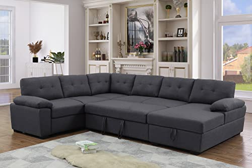 Alexent 5-Seat Modern Fabric Sleeper Sectional Sofa Bed With Pull-Out Bed With Storage Chaise Lounge In Dark Gray Color For Space Saving On Apartment, Living Room, Home Office, Guest Room #TOP2