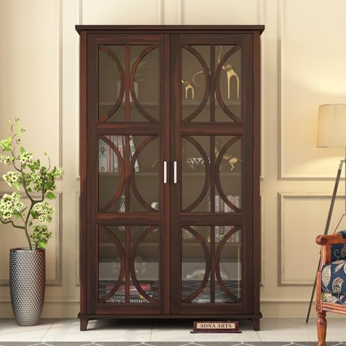 Image of Wooden Crockery Cabinets with Glass Door | Wooden Showcase Almirah | Solid Wood Book Shelf for Home Crockery Unit for Kitchen Living Room (Walnut Finish)