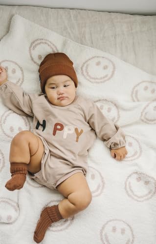 Image of Mebie Baby Taupe Smiley Plush Lovey Blanket 15x20 - Soft, Lightweight, Breathable | Available in Two Sizes