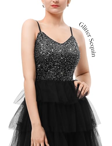 Image of Dressystar 2026 Women's Tiered Sparkly Sequin Glitter Formal Prom Dress Mini Spaghetti Strap Tulle Cocktail Party Dresses