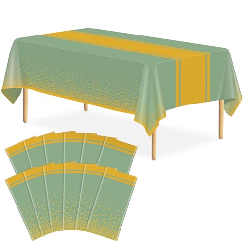Image of 12 Pack Sage Green and Gold Tablecloth Party Decorations Plastic Sage Green Tablecloth Printed Gold Table Runner 54 x108 Inch Disposable Rectangle Table Cover for Birthday Wedding Graduation