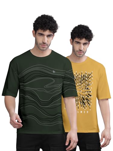 Image of BULLMER Trendy Front and Back Printed Oversized Round Neck T-Shirt for Men - Pack of 2