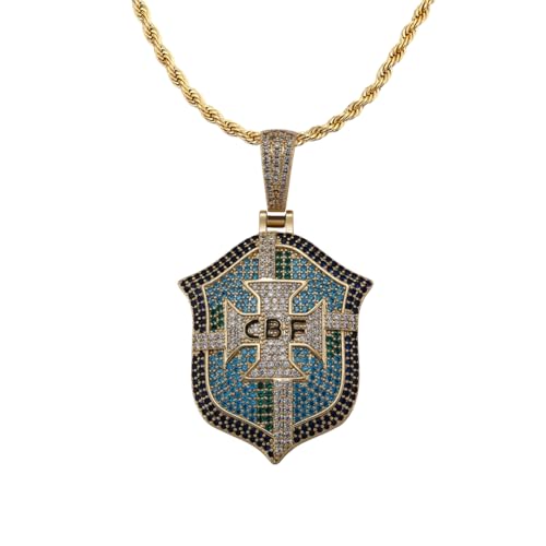 Football/Soccer International Team Pendant Necklace - 18K Gold Plated Iced Out Silver Sterling 925 Pendant Badge Necklace with Cubic Zirconia Diamonds for Men & Women Necklace Pendant - Premium/Soccer Fan Gift – Engraved Iced out - International Football League (Brazil)