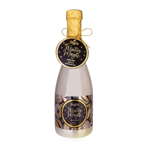 Accentra Bagno & docciaschiuma WINTER MAGIC 780 ml in grande bottiglia spumante, regalo donna Natale, profumo muschio vanigliato, bianco/oro/nero