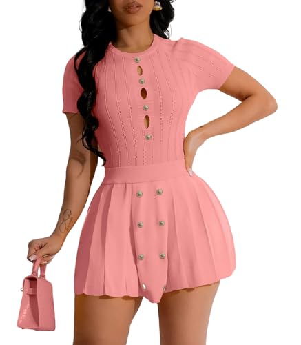 Image of Two Piece Outfits for Women Summer Going Out Knit Crop Tops Pleated Mini Skirt Sets Short Sleeve Mini Dress