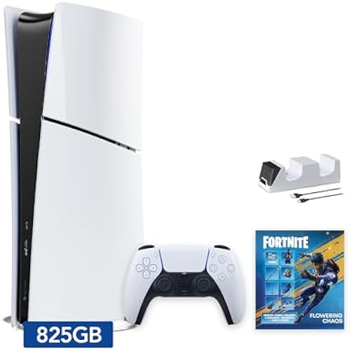 PlayStation 5 Slim Digital Edition Fortnite Flowering Chaos Bundle and Mytrix Controller Charger - White, Slim PS5 825GB PCIe SSD Gaming Console