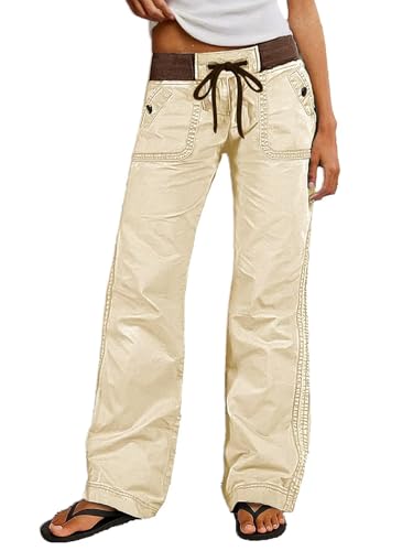 Flamingals Straight Leg Pants for Women Drawstring Waist Mid Rise