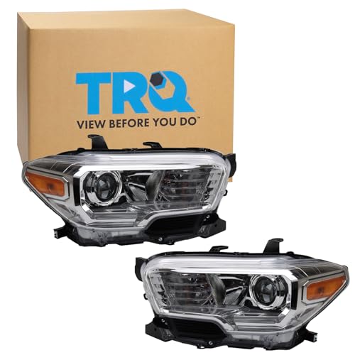 Image of TRQ 2 Piece Headlight Assembly Set Halogen Chrome Bezel Driver & Passenger Side Compatible with Toyota Tacoma 2016-2018 Without LED Daytime Running Lights Without Fog Lights TO2502242 TO2503242