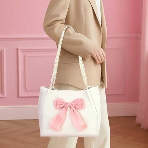 Bolso tote para mujer de cuero PU suave, elegante con moño rosa miniatura 2