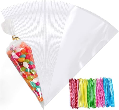 FOLKSNSHOPS 200pcs Sweet Cone Bags 32x18cm Clear Cone Bags, Sweet Bags, Cellophane Cone Bags with Ties for Party Supplies, Sweets, Biscuits Displaying & Wrapping on Birthday Parties and Festivals