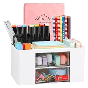 Wlevzzor Porte Stylo Bureau, Organiser De Bureau, Materiel De Bureau 7 grilles, organiseur de table en plastique avec tiroir Porte-stylo multifonctionnel pour l’école, le bureau et la maison (Blanc)