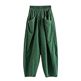 Damen Herbst Hosen Atmungsaktive Sporthose Komfortable Elegant Hohe Taille Böhmen Beiläufig Strandhosen Streifen Baumwolle und Leinen Pants Lose Taschen Cropped Pants Spleißen (EU:46, Grün)