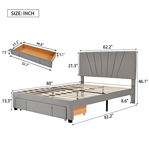 Miyzeal Storage Queen Bed With Headboard, Velvet Upholstered Platform Bed Queen Size, Big Drawer Comfortable Sleep Bed Frame With Wood Slat & Center Support Feet, No Box Spring Needed (Gray) #TOP1