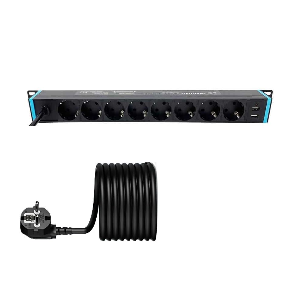 Infitronic - INSV1002A-19 pollici PDU Ciabatta elettrica Distributore di corrente Lampada da rack 8 x 1U con 2 x USB Charging/Interruttore