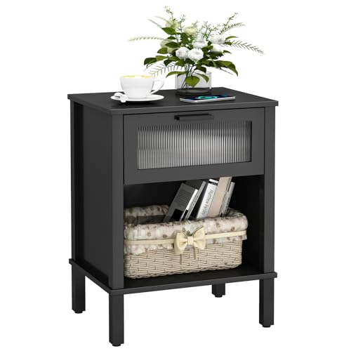Image of YAUKOMEL Small Black Nightstand,Bedside Table with Storage,Side Table with Acrylic Drawer,Couch End Table for Living Room, Bedroom,Small Space,Easy Assembly,Black CTG67B