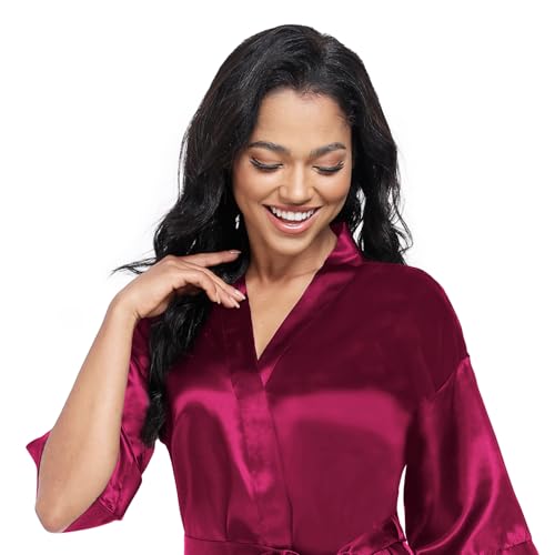 Image of Women's Short Satin Robes Lightweight Silky V-Neck Sleepwear Wedding Bridal Party Bride Bridesmaid Bathrobes