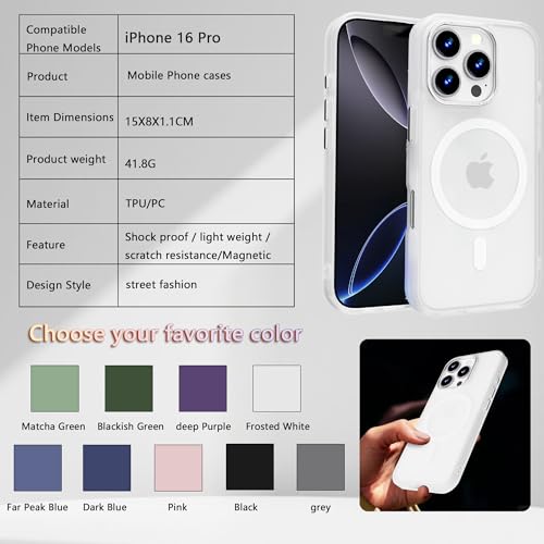 Image of Magnetic iPhone 16 Pro case,Compatible with Magsafe, Military-Grade Protection,Slim Translucent Matte Shockproof with Anti-Scratch Anti-Fingerprint Phone Cover (Frosted White, iPhone 16 Pro)