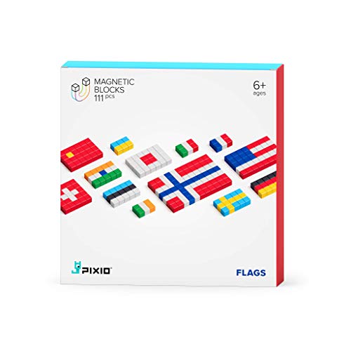 PIXIO Flags Story Series 111pcs Magnetic Blocks Set with Free App, Geography Learning Toys for Kids, Building Blocks in Pixel Art, 83 Flags of The World