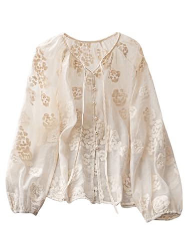 GORGLITTER Women's Peasant Blouses Floral Embroidered Tops Long Sleeve Tie Front Button Up Boho Tunic Shirt