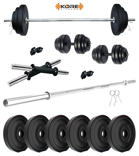 Image of Kore PVC 15 Kg Home Gym Set with One 3 Ft Straight Rod and One Pair Dumbbell Rods, Multicolour