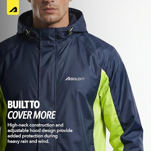 Image of Boldfit Rain Jacket for Men Waterproof Unisex Rain Coat and Pant Set, Raincoat Jacket, Easy Adjustable Rainwear Top and Bottom Set, Waterproof Bike Riding, Navy Yellow, M-L (1 Pair)