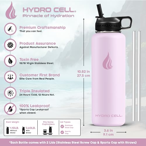 Image of HYDRO CELL Stainless Steel Insulated Water Bottle with Straw - For Cold & Hot Drinks - Metal Vacuum Flask with Screw Cap and Modern Leakproof Sport Thermos for Adults (Pink 40oz)