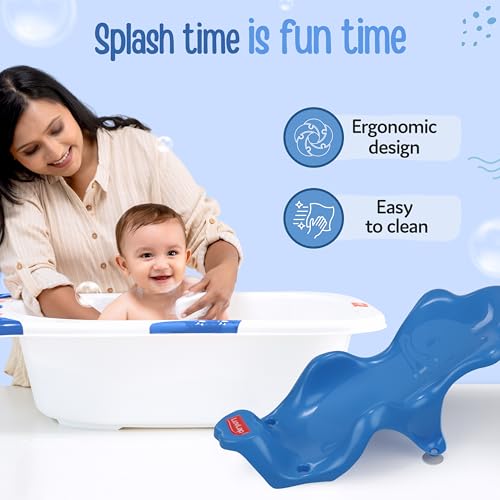 Image of LuvLap Bubble Baby Bathtub (White & Blue) & Anti Slip Baby Plastic Bath Chair (Blue) for 6 Month - 3 Years, Bathtub with Drain Plug, Baby Bath Seat /Sling with Non Slip Suction Base