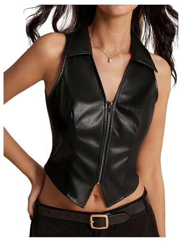 Floerns Women's PU Leather Zipper Vest Jacket Skinny Sleeveless Motorcycle Party Jacket