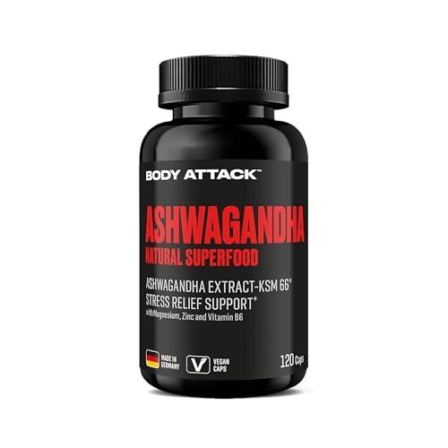 Body Attack Ashwagandha KSM-66® Kapseln, 120 Stk. - indische Schlafbeere - Kapseln mit hochdosiertem Ashwagandha - Made in Germany - mit Magnesium, Zink & Vitamin B6, vegan