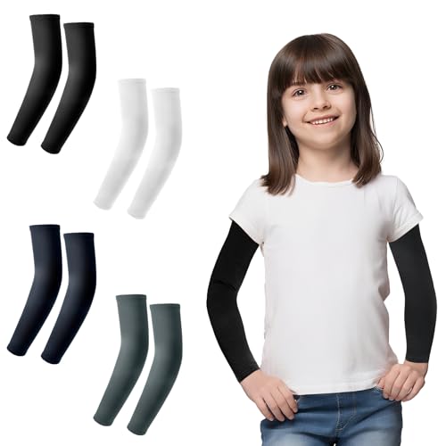 4 Pairs Kids Arm Sleeves, UV Sun Protection Cooling Compression Sleeves for Youth Boys Girls Sports, Breathable Elastic Ice Sleeve for Outdoor Activities (Black White Grey Navy) - Main Image