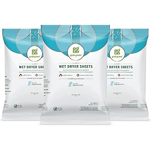 Grab Green Natural Wet Dryer Sheets, Reusable & Compostable, 64 Loads (3-Pack), Fragrance Free, Unscented/Free & Clear, Fabric Softener & Static-Reducer Cover