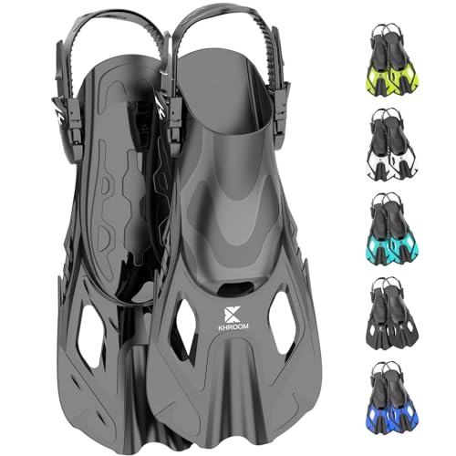 Khroom Aletas Cortas Adultos / niños Talla 32-47 | Aletas de Snorkel Ajustables Cortas | Aletas de natación Aletas Cortas para Snorkel | Aletas de Buceo Ajustables para Nadar / bucear Negro (42-47)