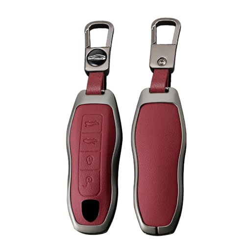 TECART Coque de protection intelligente en cuir pour clé de voiture Porsche Cayenne 92A Panamera 970 Cayman 981 Carrera 911Spyder 918 Macan Étui à clés 4 boutons Court Rouge