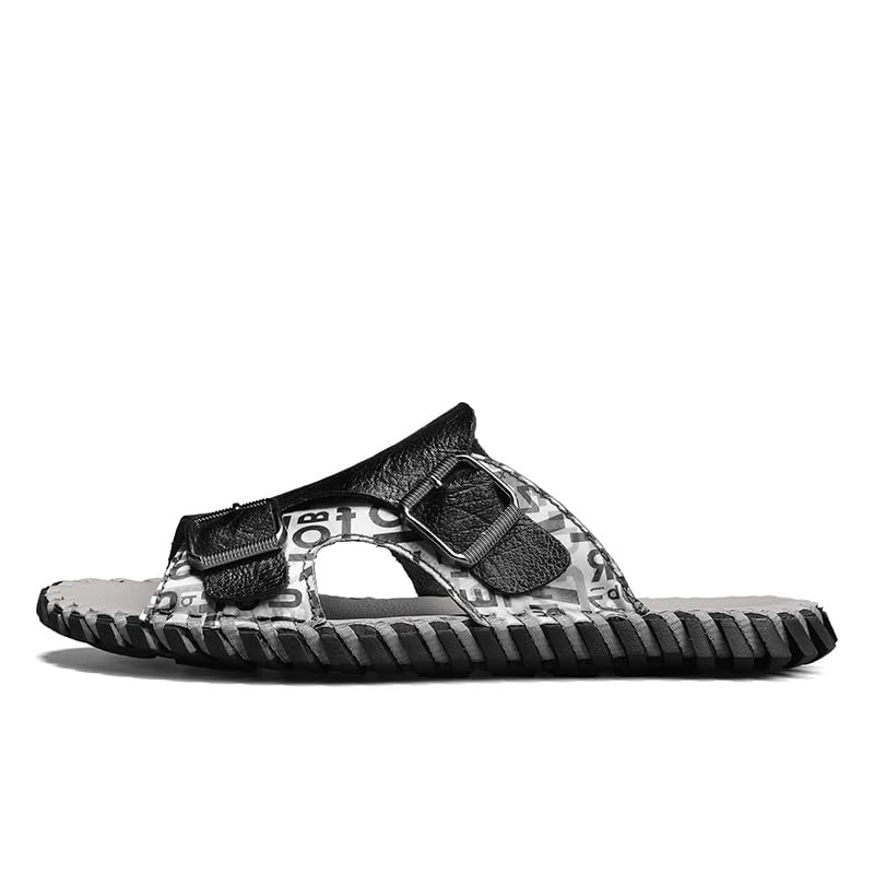 Slide Sandals For Men Open Toe Fixed Strap Lightweight Double Buckle PU Leather Water Resistant Outdoor Slipper Shoes
