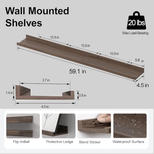 Image of Walnut Floating Shelves for Wall Decor, 60 in Shelf with Lip, 2 Set