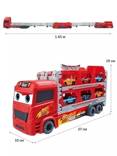 Image of WireScorts Big Hauler Storage & Deform Transport Truck Toy with 2 Foldable Ejection Race Track & 2 Pcs Die cast Cars for Kids Boys Girls 3+ Years - Red
