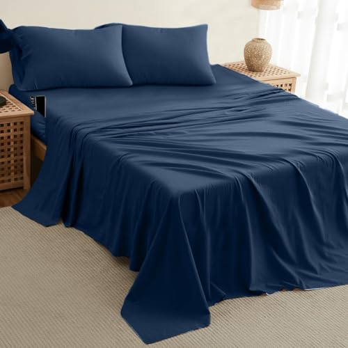 Image of DREAMCARE Twin XL Sheet Sets - 4 pcs Breathable Cooling Sheets - up to 21 inch Deep Pocket Twin XL Sheets Set with Side Pockets - Extra Soft 100% Brushed Hypoallergenic Hotel Luxury Bedding - Navy Blue