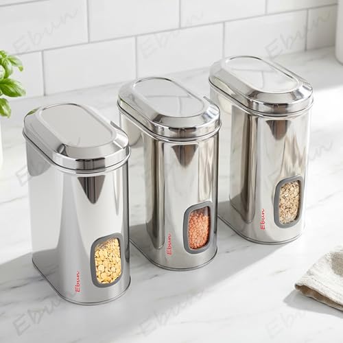 Image of Ebun Stainless Steel See Through Containers | Stainless Steel Container with Lid | Capsule Shape Steel Kitchen Containers Set | Steel Airtight Container | 2 Kgs Capacity Approx | Pack of 3