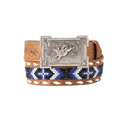 3D Belt Youth Boys Blue Inlay Embossed Beaded Belt Tan 28
