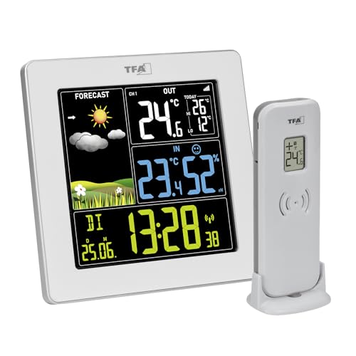 TFA Dostmann Digitale Funk Wetterstation mit Außensensor SUN2, 35.1174, für Innen und Außentemperatur, großes Farbdisplay, mit Wohnklima, inkl Funkuhr mit Datum, Hygrometer, mit Netzadapter, weiß