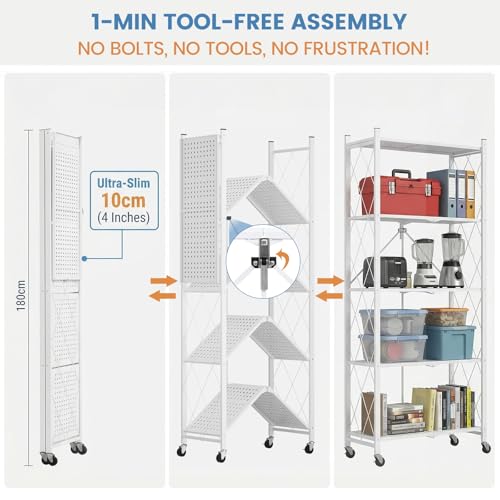 Image of ALANNG 70.7 inch H Metal Storage Shelves, 5 Tier Folding Shelf on Wheels, Heavy Duty, No Assembly, Rolling, Collapsible Rack Unit for Kitchen, Basement, Pantry (White,1 Pack)