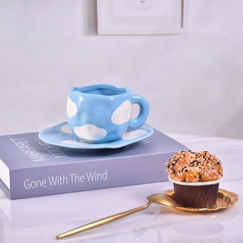Image of Koythin 10oz Cloud Ceramic Mug With Saucer, Light Blue Sky White Cloud