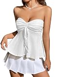 Milumia Women Tie Front Ruched Tube Top Y2k Summer Strapless Peplum Tops Babydoll Flowy Tops White Small