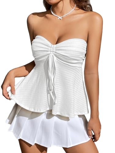 Milumia Women Tie Front Ruched Tube Top Y2k Summer Strapless Peplum Tops Babydoll Flowy Tops White Small
