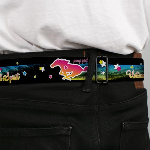 Image of Buckle-Down Seatbelt Belt - Mustang PONY GIRL UNTAMED SPIRIT /Stars Black /Multi Color - 1.0 inch Wide - 20-36 Inches in Length